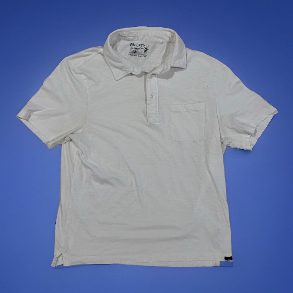 Faherty Sunwashed Pocket Polo Shirt White Organic Cotton Golf Preppy Men's L
